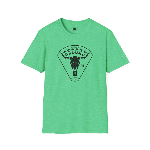Heritage Reborn universal comfort tee, green with Reborn bull logo graphic