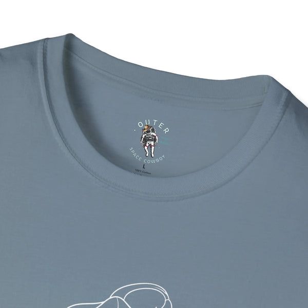 Stone blue graphic western tee with small chest cowboy logo near crew neckline