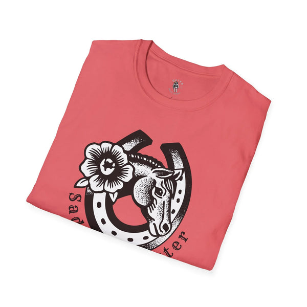 Coral cowgirl graphic T-shirt with horseshoe-style portrait and flower on front