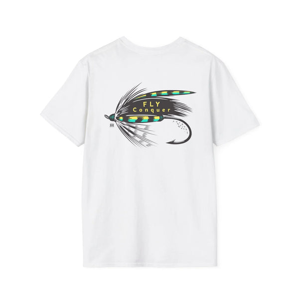 White crewneck western graphic tee with colorful fly hook print