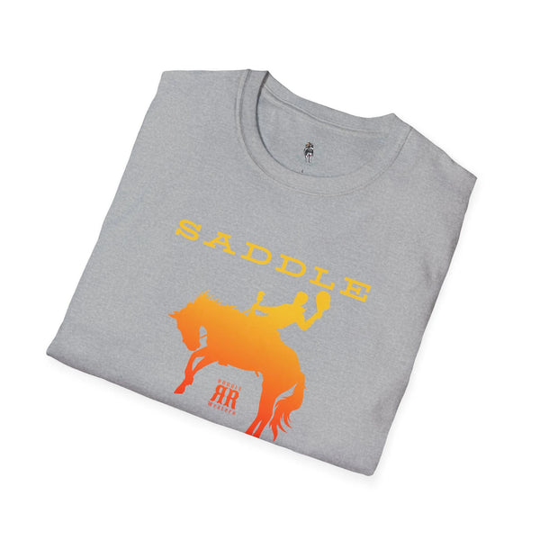 Heather grey western T-shirt with orange horse rider silhouette and 'SADDLE' text