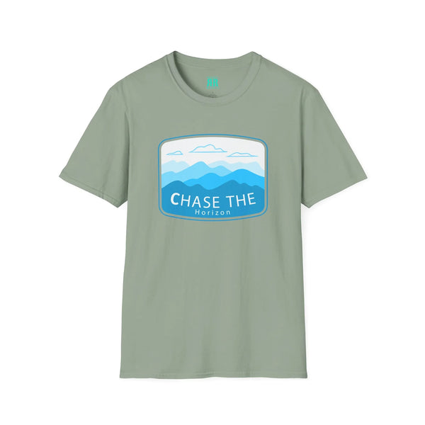 Sage green crew-neck western wear T-shirt with 'Chase the Horizon' landscape graphic