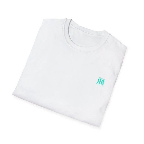 White back graphic T-shirt with small teal logo on the upper right