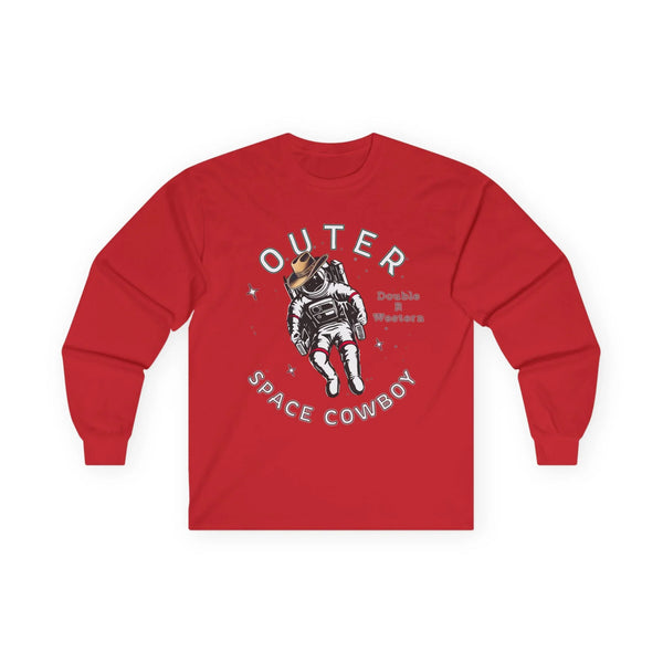 Red long-sleeve graphic tee with cowboy astronaut and “Outer Space Cowboy” text.