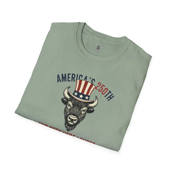 Sage green crewneck t-shirt with bison head and “America’s 250th” western graphic