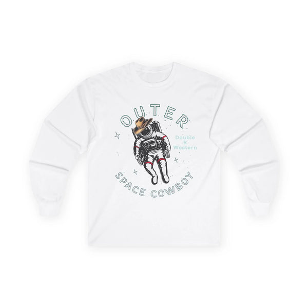 White long-sleeve graphic tee with cowboy astronaut and “Outer Space Cowboy” text.