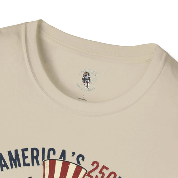 Cream crewneck t-shirt collar with small “Outer Space Cowboy” badge logo