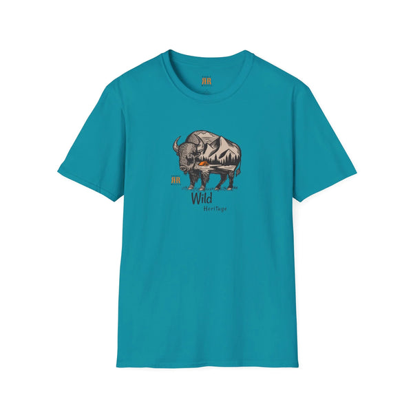 Tropical blue western graphic T-shirt with bison and 'Wild Heritage' print