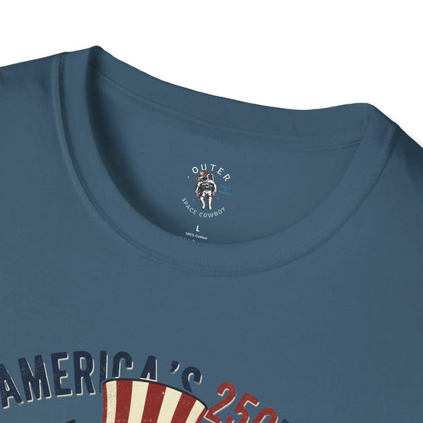 Blue crewneck T-shirt with small chest logo and partial America text graphic