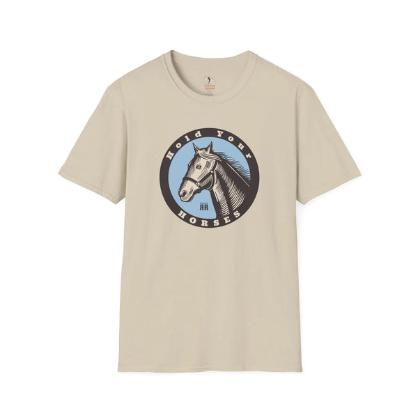 Cornsilk crew-neck T-shirt with circular Old World Horses graphic on the chest