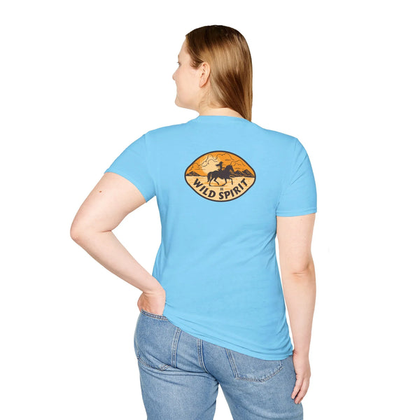 Light blue crew-neck tee with back Wild Spirit graphic.