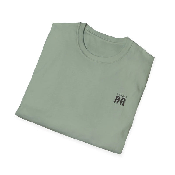Sage green folded crewneck tee with small HR logo