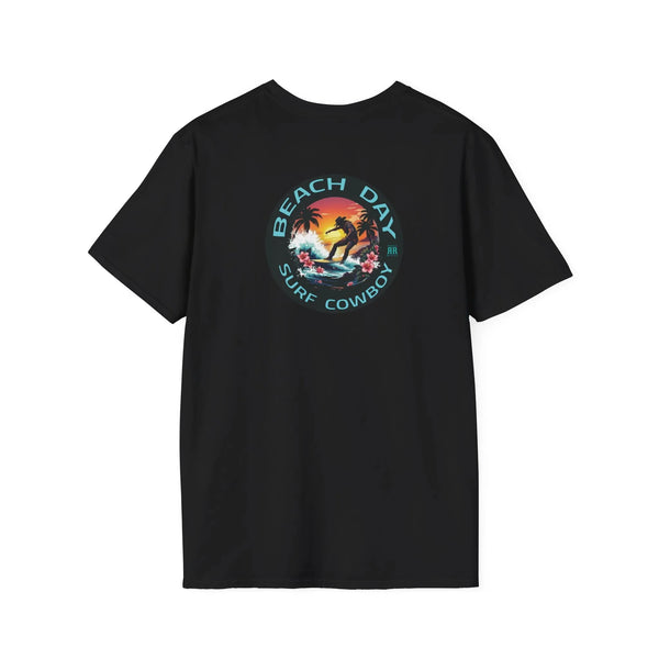 Men's black T-shirt with circular Beach Day surf cowboy graphic on chest