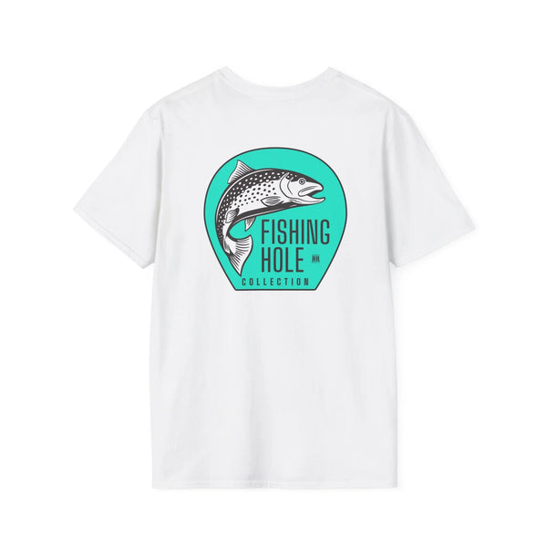 White back graphic T-shirt with large circular fish logo on the back center