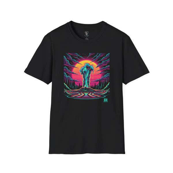 Black western graphic tee with colorful sunset devil-themed artwork on the front