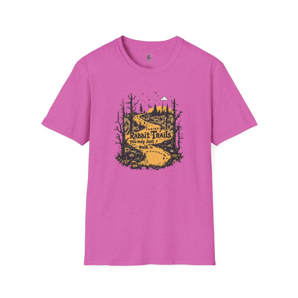 Heather berry softstyle T-shirt with “Rabbit Trails” outdoor forest and rabbit graphic