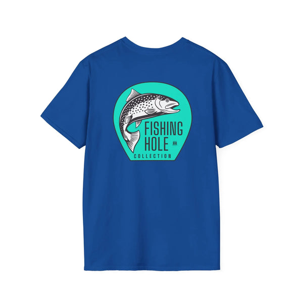 Royal blue back graphic T-shirt with large circular fish logo centered on the back