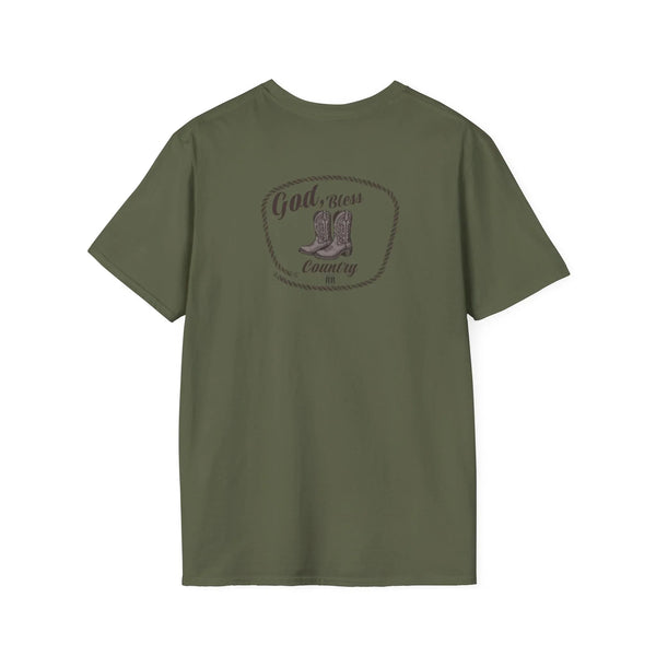 Heavy cotton T-shirt, olive green, crew neck with circular “God Bless Country” graphic.