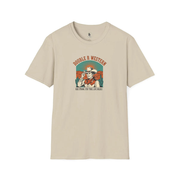 Beige western graphic T-shirt with cowboy hat logo on the front