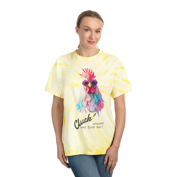 Yellow tie-dye T-shirt on model with rooster graphic and “Cluck” text