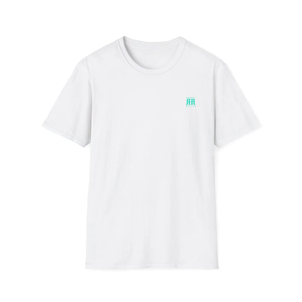 White crewneck tee with small turquoise chest logo