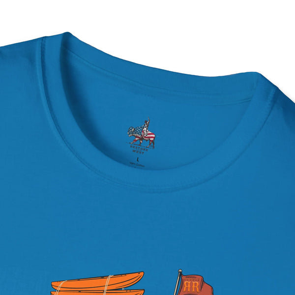 Blue T-shirt with small western crest logo near collar and partial surf graphic