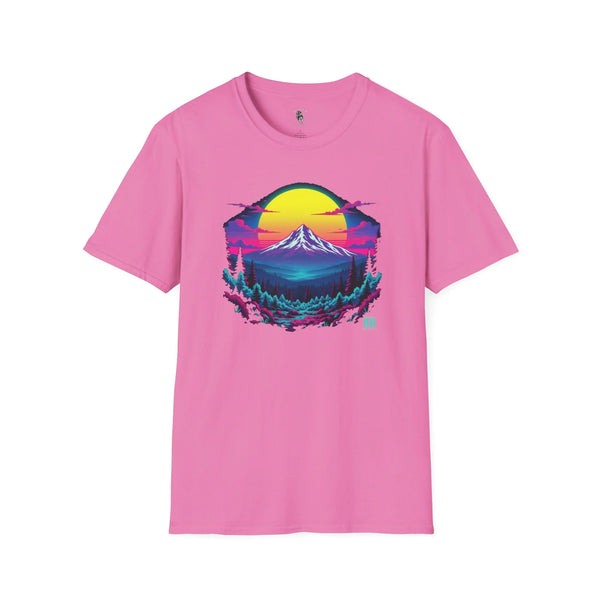 Pink crewneck graphic tee with neon mountain skyline print at center