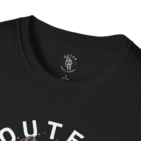 Black T-shirt neckline with small chest logo and partial astronaut print