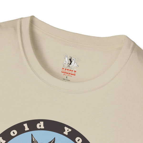 Sand crew tee neckline with small logo and partial horse graphic