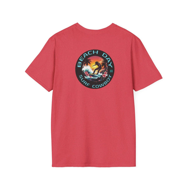 Men's heather red T-shirt with circular Beach Day surf cowboy graphic on chest