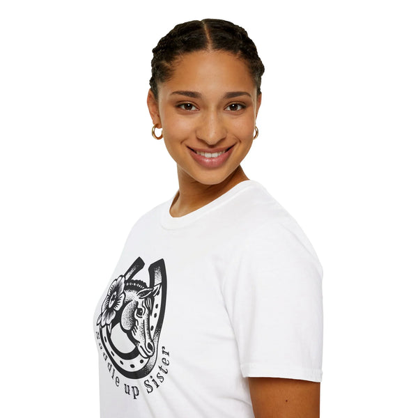 White cowgirl graphic T-shirt on model, side view shows chest print