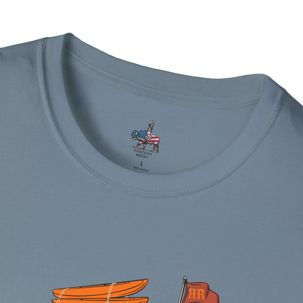 Light blue T-shirt with small western crest logo at center chest