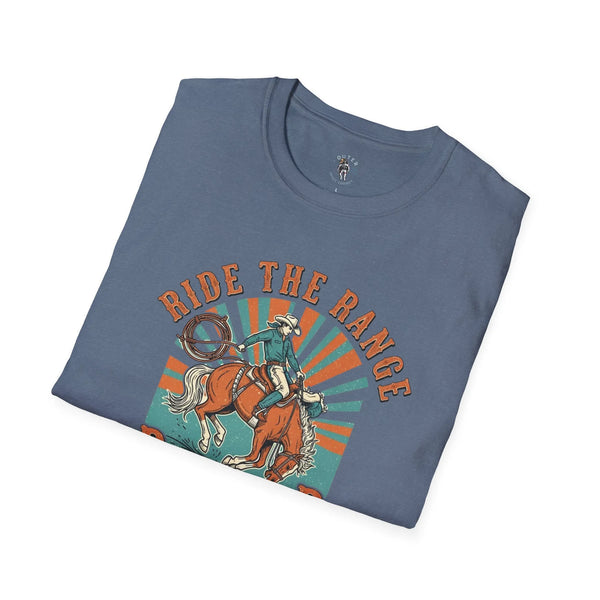 Heather indigo western T-shirt with “Ride The Range” graphic of cowboy on horseback