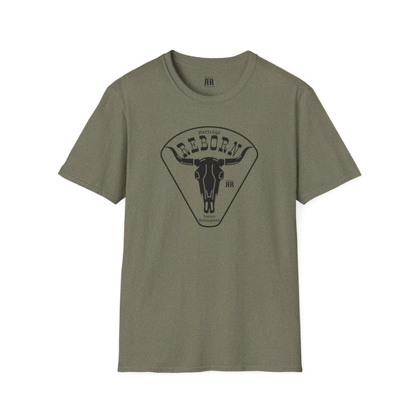 Heritage Reborn universal comfort tee, olive with Reborn bull logo graphic