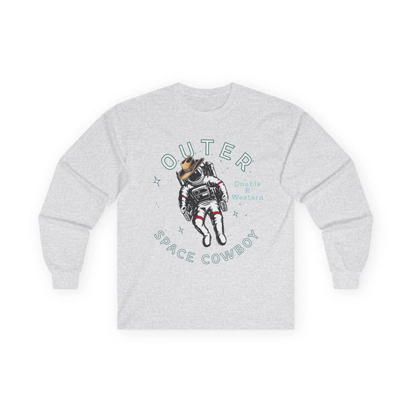 Light gray long-sleeve graphic tee with cowboy astronaut and “Outer Space Cowboy” text.
