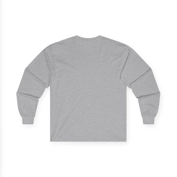 Heather gray long-sleeve crewneck T-shirt, blank back view