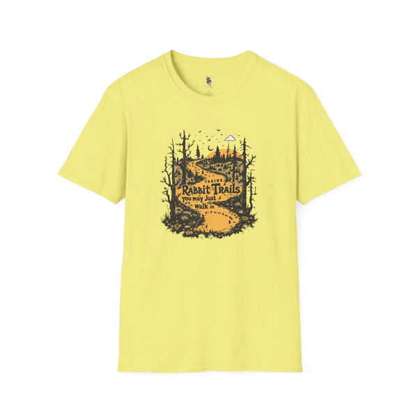Cornsilk yellow softstyle T-shirt with “Rabbit Trails” forest and rabbit graphic