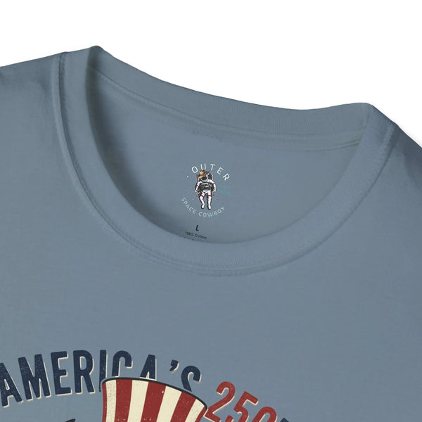 Blue-gray crewneck t-shirt collar with small “Outer Space Cowboy” logo