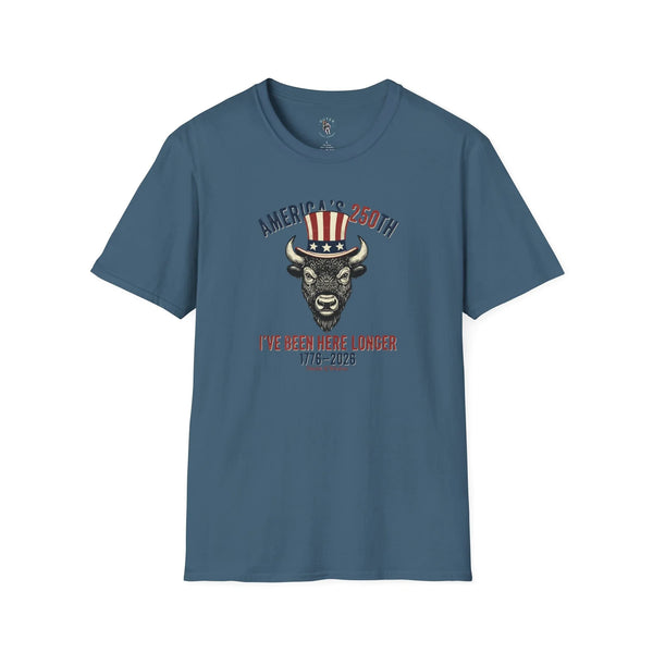 Men's western graphic t-shirt, muted blue with bison Uncle Sam-style emblem and text print