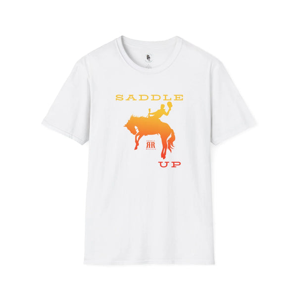 White crewneck western graphic T-shirt with orange horse rider and text print