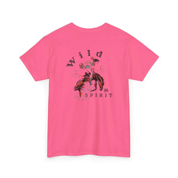 Hot pink crewneck T-shirt with centered back Western graphic and barbed wire text