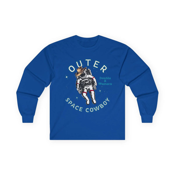 Royal blue long-sleeve graphic tee with cowboy astronaut and “Outer Space Cowboy” text.
