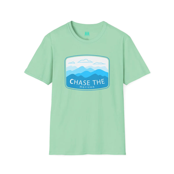 Mint green crew-neck western wear T-shirt with 'Chase the Horizon' landscape graphic