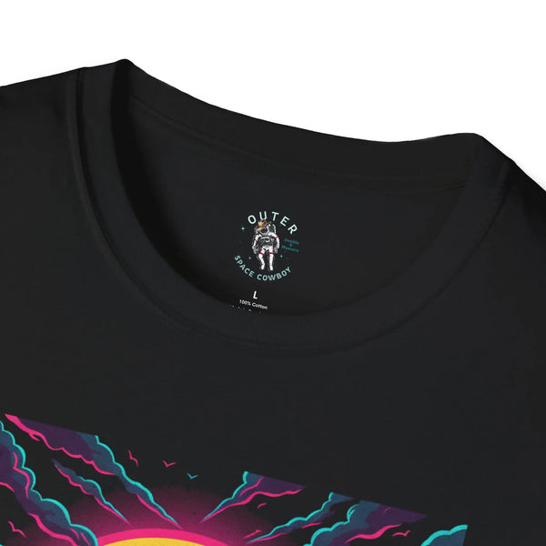 Black western graphic tee neckline with small logo and partial colorful front print