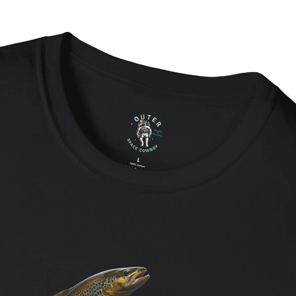 Black crewneck T-shirt neckline logo with partial trout graphic at bottom