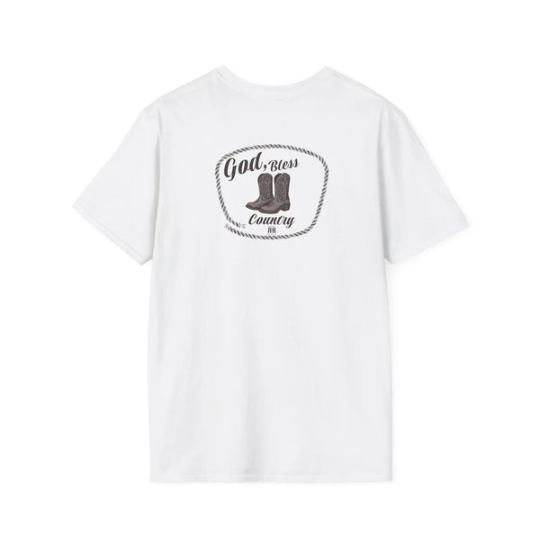 Heavy cotton T-shirt, white, crew neck with circular “God Bless Country” graphic.