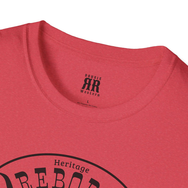 Red crewneck tee close-up with AR Western neck label and Heritage REBORN print detail
