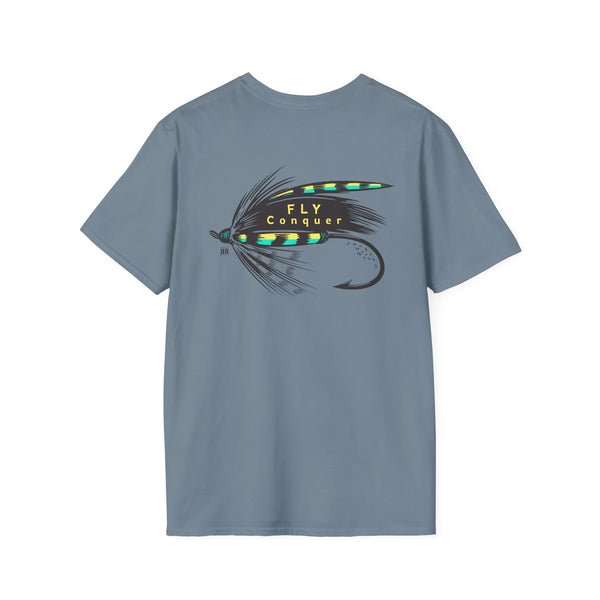 Stone blue crewneck T-shirt with large Fly Conquer fly and fishing lure graphic