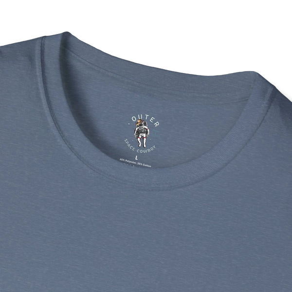 Men's western graphic T-shirt with cowboy space print on back; heather indigo crew neck
