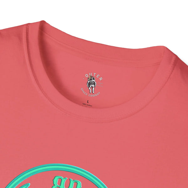 Coral pink crew-neck T-shirt with small “Outer Space Cowboy” logo at chest